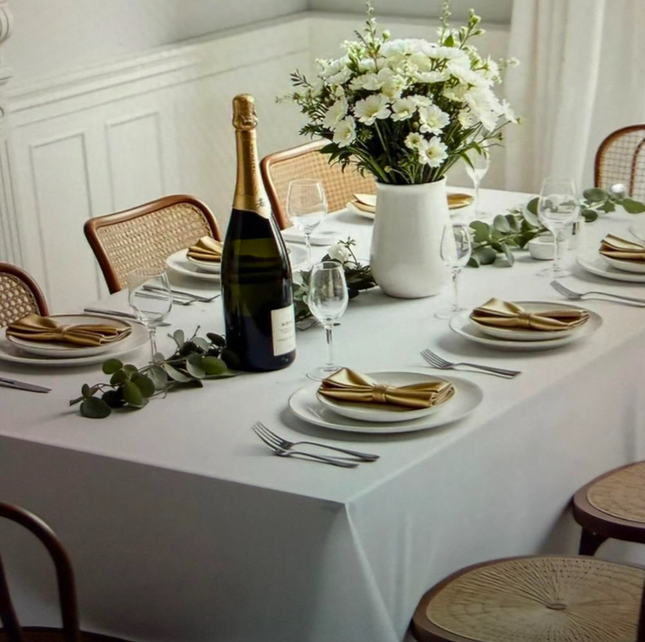 Elegant table setting with white tablecloth and gold napkins