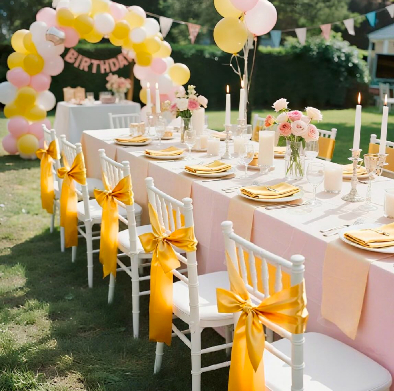 Outdoor party with chair sashes and balloon arch